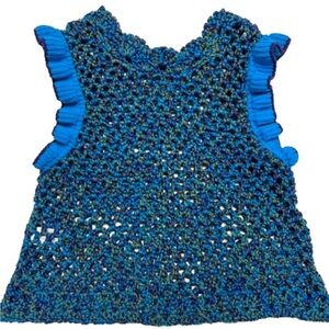 Arto. Open Woven Knit Ruffle Sleeve Top One Size Peacock Blue Purple Green
